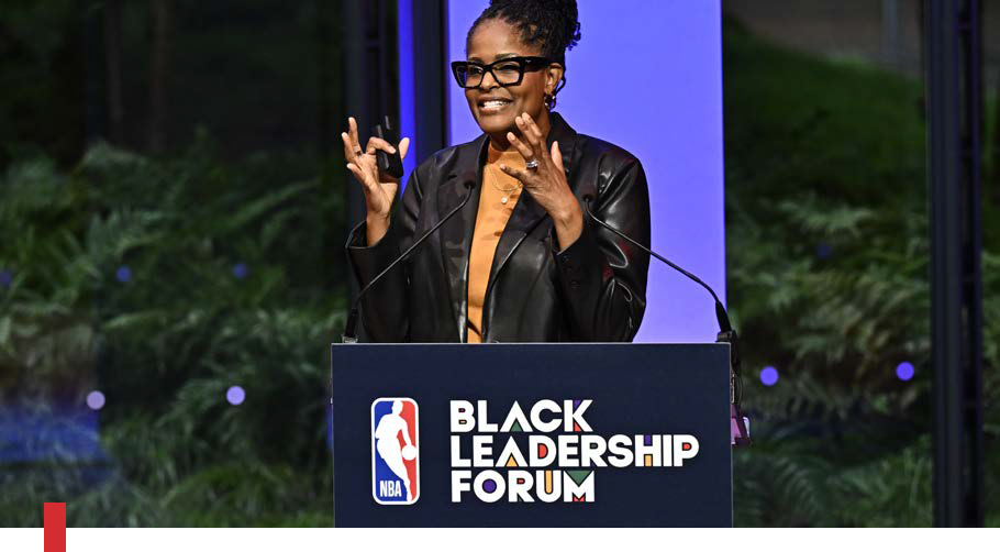 african american women giving speech in front of podium with sign Black Leadership Forum